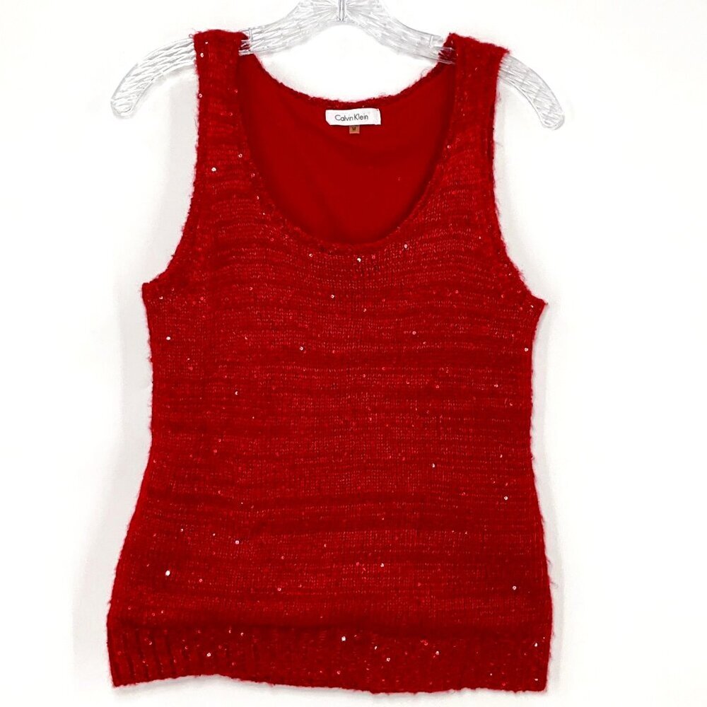 Calvin Klein Tank Top Women M Red Sequin Knit Lined Celebration Festival